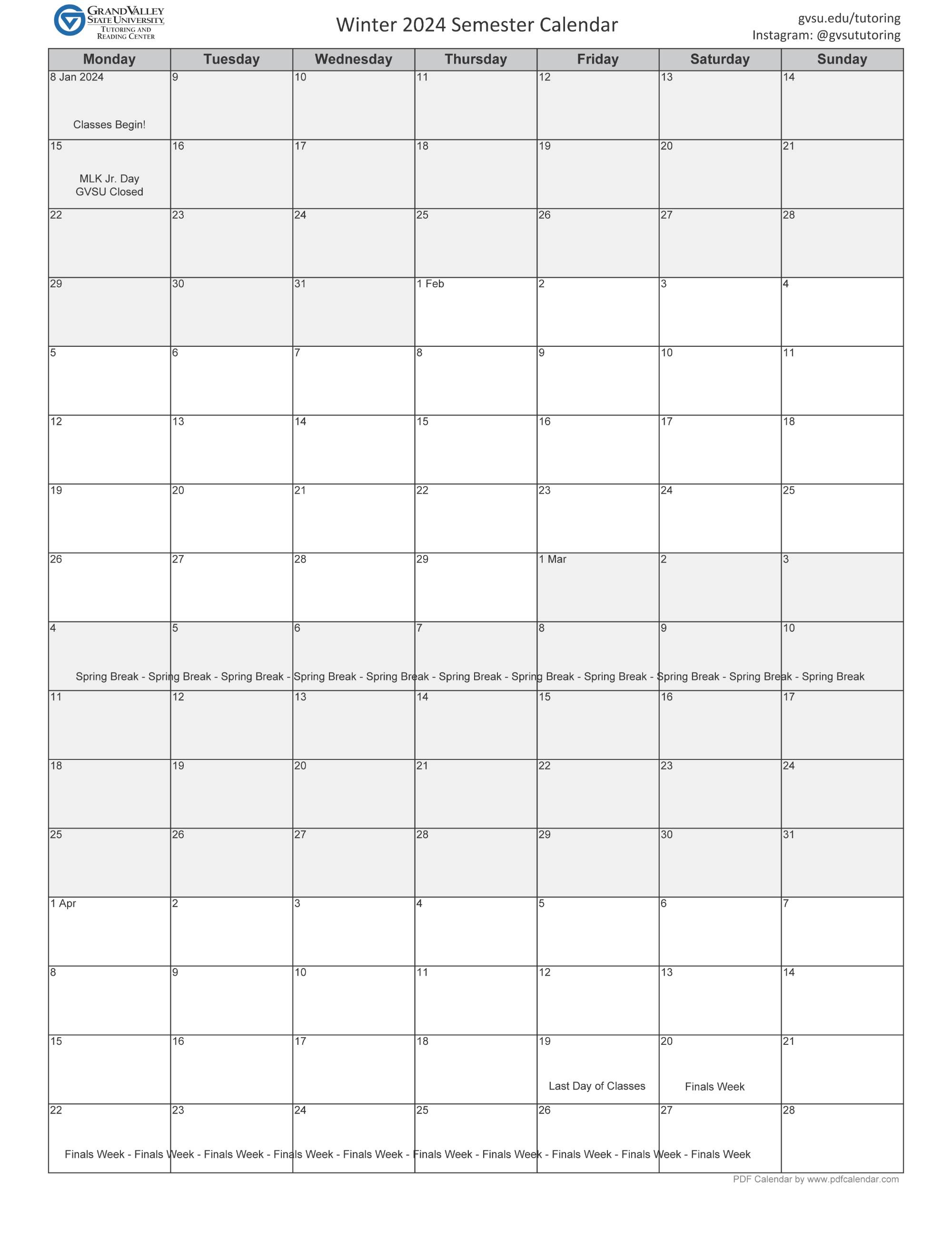 Winter '24 1-page Semester Calendar